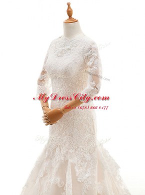 Graceful Mermaid White Lace Clasp Handle Wedding Gowns 3 4 Length Sleeve With Train Court Train Lace and Ruffled Layers