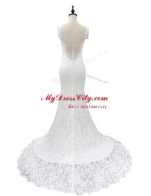 White Mermaid Lace Wedding Dress Zipper Lace Cap Sleeves With Train