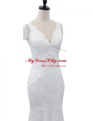 White Mermaid Lace Wedding Dress Zipper Lace Cap Sleeves With Train