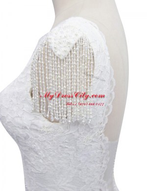 White Mermaid Lace Wedding Dress Zipper Lace Cap Sleeves With Train