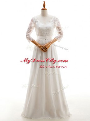 Fabulous Floor Length White Wedding Dresses V-neck 3 4 Length Sleeve Lace Up
