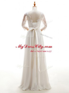 Fabulous Floor Length White Wedding Dresses V-neck 3 4 Length Sleeve Lace Up