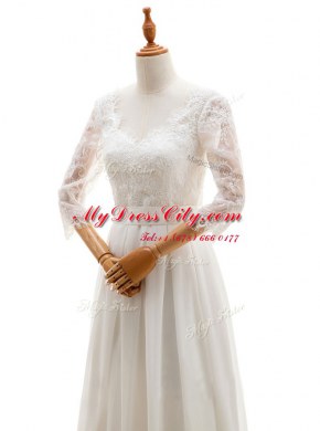 Fabulous Floor Length White Wedding Dresses V-neck 3 4 Length Sleeve Lace Up