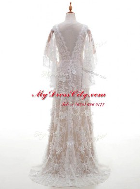 Comfortable Peach Column/Sheath Lace Bateau Half Sleeves Appliques With Train Side Zipper Bridal Gown Brush Train