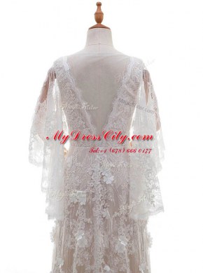 Comfortable Peach Column/Sheath Lace Bateau Half Sleeves Appliques With Train Side Zipper Bridal Gown Brush Train
