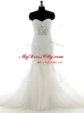 Sweet Mermaid White Sleeveless Brush Train Lace With Train Bridal Gown