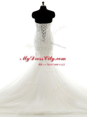 Sweet Mermaid White Sleeveless Brush Train Lace With Train Bridal Gown