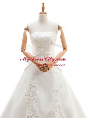 White Lace Up Strapless Lace Wedding Dresses Satin and Lace Sleeveless Chapel Train