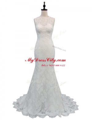 Cute White Mermaid Lace Bridal Gown Backless Lace Sleeveless With Train