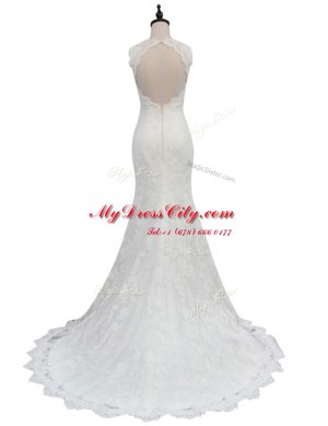 Cute White Mermaid Lace Bridal Gown Backless Lace Sleeveless With Train