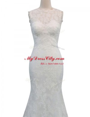 Cute White Mermaid Lace Bridal Gown Backless Lace Sleeveless With Train