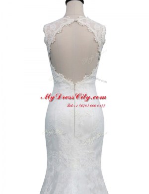 Cute White Mermaid Lace Bridal Gown Backless Lace Sleeveless With Train