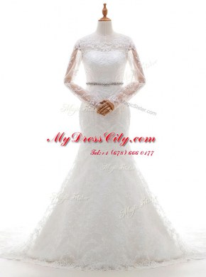 Unique Mermaid White Lace Clasp Handle Scoop Long Sleeves With Train Wedding Gown Brush Train Beading and Lace