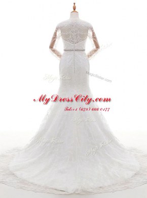 Unique Mermaid White Lace Clasp Handle Scoop Long Sleeves With Train Wedding Gown Brush Train Beading and Lace