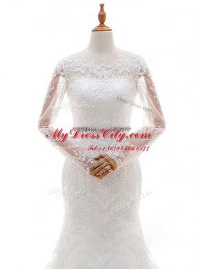 Unique Mermaid White Lace Clasp Handle Scoop Long Sleeves With Train Wedding Gown Brush Train Beading and Lace