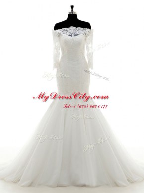 Enchanting Mermaid Off The Shoulder Half Sleeves Tulle Wedding Gowns Lace Brush Train Clasp Handle