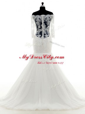 Enchanting Mermaid Off The Shoulder Half Sleeves Tulle Wedding Gowns Lace Brush Train Clasp Handle