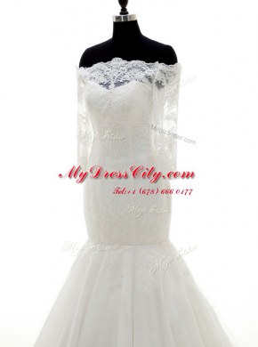 Enchanting Mermaid Off The Shoulder Half Sleeves Tulle Wedding Gowns Lace Brush Train Clasp Handle
