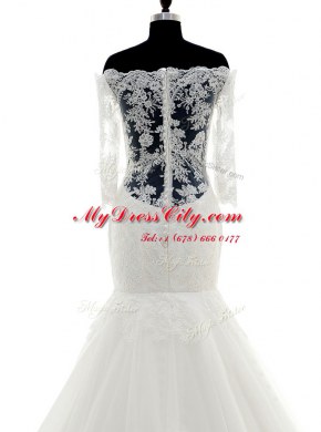 Enchanting Mermaid Off The Shoulder Half Sleeves Tulle Wedding Gowns Lace Brush Train Clasp Handle