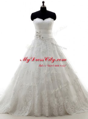 Super White A-line Sweetheart Sleeveless Lace Brush Train Lace Up Lace and Appliques Wedding Gown