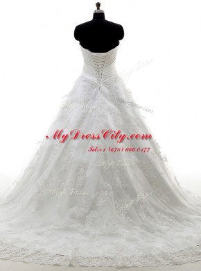 Super White A-line Sweetheart Sleeveless Lace Brush Train Lace Up Lace and Appliques Wedding Gown