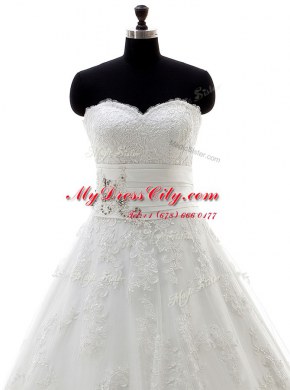 Super White A-line Sweetheart Sleeveless Lace Brush Train Lace Up Lace and Appliques Wedding Gown