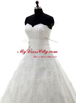 Super White A-line Sweetheart Sleeveless Lace Brush Train Lace Up Lace and Appliques Wedding Gown