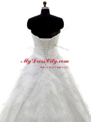 Super White A-line Sweetheart Sleeveless Lace Brush Train Lace Up Lace and Appliques Wedding Gown