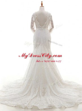 Fine Mermaid Scalloped Long Sleeves Brush Train Zipper Bridal Gown White Lace