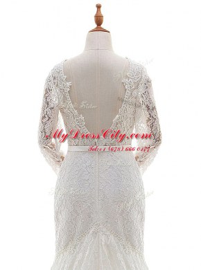 Fine Mermaid Scalloped Long Sleeves Brush Train Zipper Bridal Gown White Lace