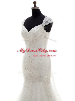 Mermaid Tulle Cap Sleeves With Train Wedding Gown Brush Train and Beading and Appliques