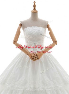 Strapless Sleeveless Wedding Gown Floor Length Lace and Appliques and Ruffled Layers and Bowknot White Organza and Tulle