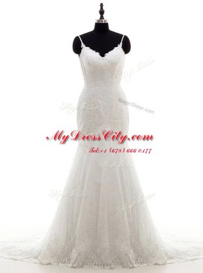 Mermaid White V-neck Neckline Lace Wedding Gown Sleeveless Backless