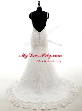 Mermaid White V-neck Neckline Lace Wedding Gown Sleeveless Backless