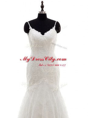 Mermaid White V-neck Neckline Lace Wedding Gown Sleeveless Backless
