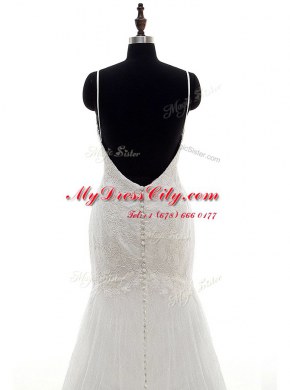 Mermaid White V-neck Neckline Lace Wedding Gown Sleeveless Backless