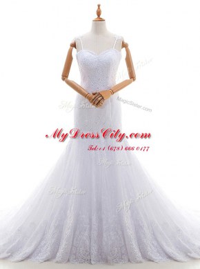 Trendy White Mermaid Spaghetti Straps Sleeveless Lace With Brush Train Backless Lace Wedding Gowns