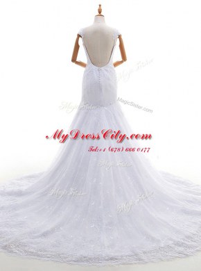 Trendy White Mermaid Spaghetti Straps Sleeveless Lace With Brush Train Backless Lace Wedding Gowns