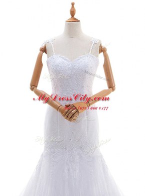 Trendy White Mermaid Spaghetti Straps Sleeveless Lace With Brush Train Backless Lace Wedding Gowns