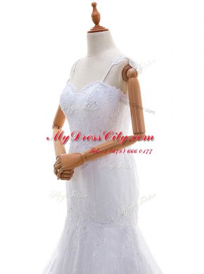 Trendy White Mermaid Spaghetti Straps Sleeveless Lace With Brush Train Backless Lace Wedding Gowns