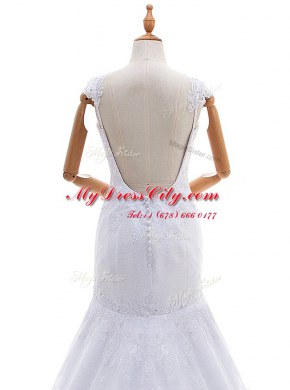 Trendy White Mermaid Spaghetti Straps Sleeveless Lace With Brush Train Backless Lace Wedding Gowns