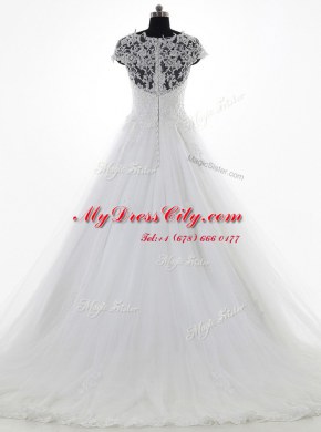Flirting White Clasp Handle Scoop Lace and Appliques Wedding Dress Tulle and Lace Short Sleeves Brush Train