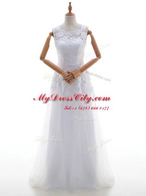Modest Scoop With Train Column/Sheath Sleeveless White Wedding Dress Brush Train Lace Up