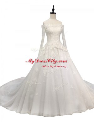 Off the Shoulder With Train White Wedding Dress Tulle Chapel Train Long Sleeves Lace and Appliques