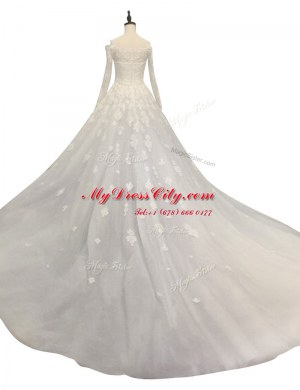 Off the Shoulder With Train White Wedding Dress Tulle Chapel Train Long Sleeves Lace and Appliques