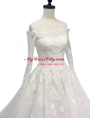 Off the Shoulder With Train White Wedding Dress Tulle Chapel Train Long Sleeves Lace and Appliques