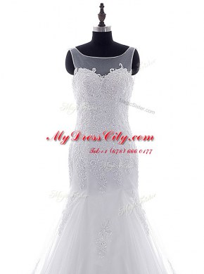 Lovely Mermaid Scoop Tulle Sleeveless With Train Bridal Gown Brush Train and Lace and Appliques