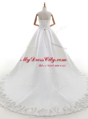 Super White Lace Up Wedding Gown Lace and Appliques Sleeveless With Train Watteau Train