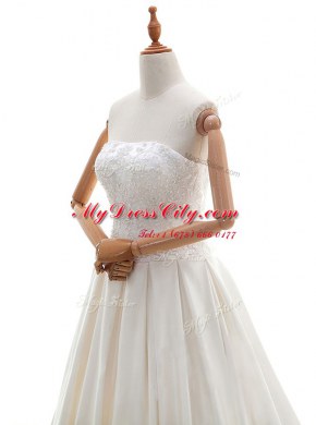 Super White Lace Up Wedding Gown Lace and Appliques Sleeveless With Train Watteau Train