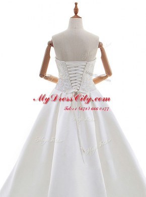 Super White Lace Up Wedding Gown Lace and Appliques Sleeveless With Train Watteau Train